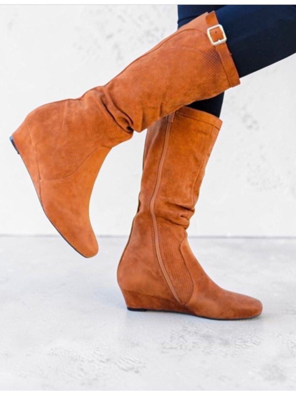 Tan Knee-High Faux Suede Wedge Boots With Side Zipper & Buckle Accent For Women - Picture 11 of 12